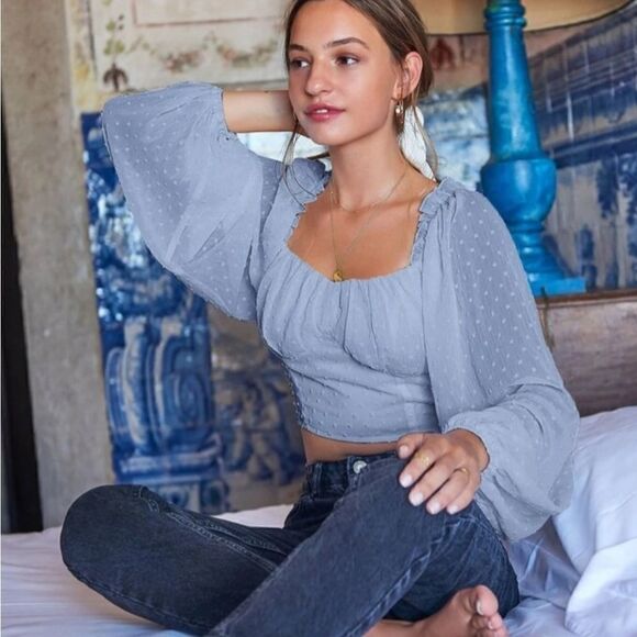 Shein Swiss Dot Trim Crop Milkmaid Blouse. Baby Blue XS#26 - Picture 1 of 13